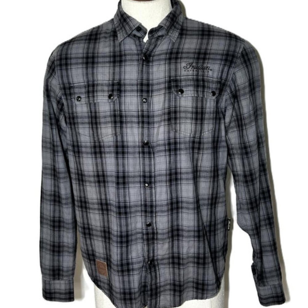 Indian Motorcycle Grey Plaid Button Down Shirt Mens Medium Black Pearlized Snaps